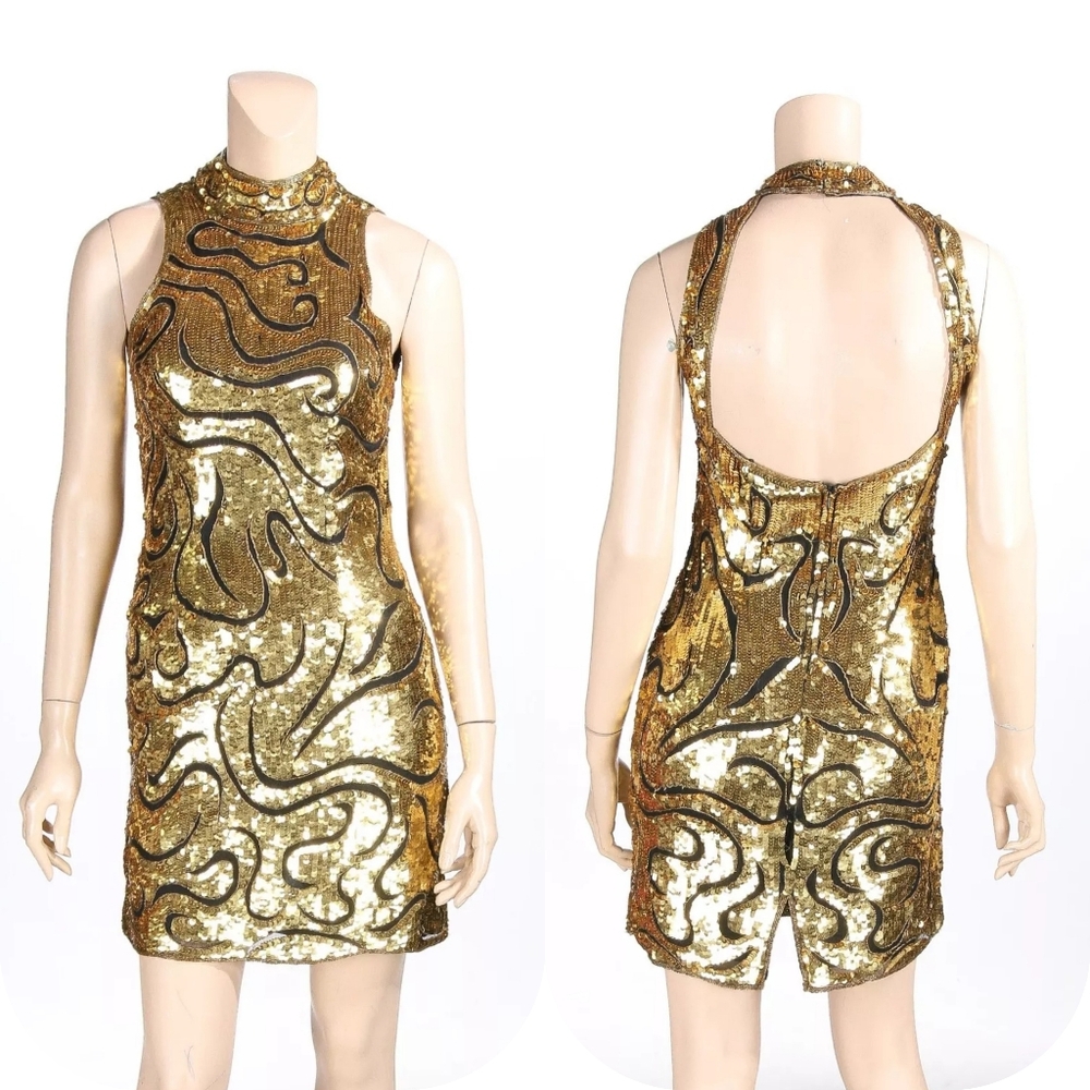 Sean Vintage 80s 90s Gold & Black Sequin Silk Pageant Party Prom Dress sz M